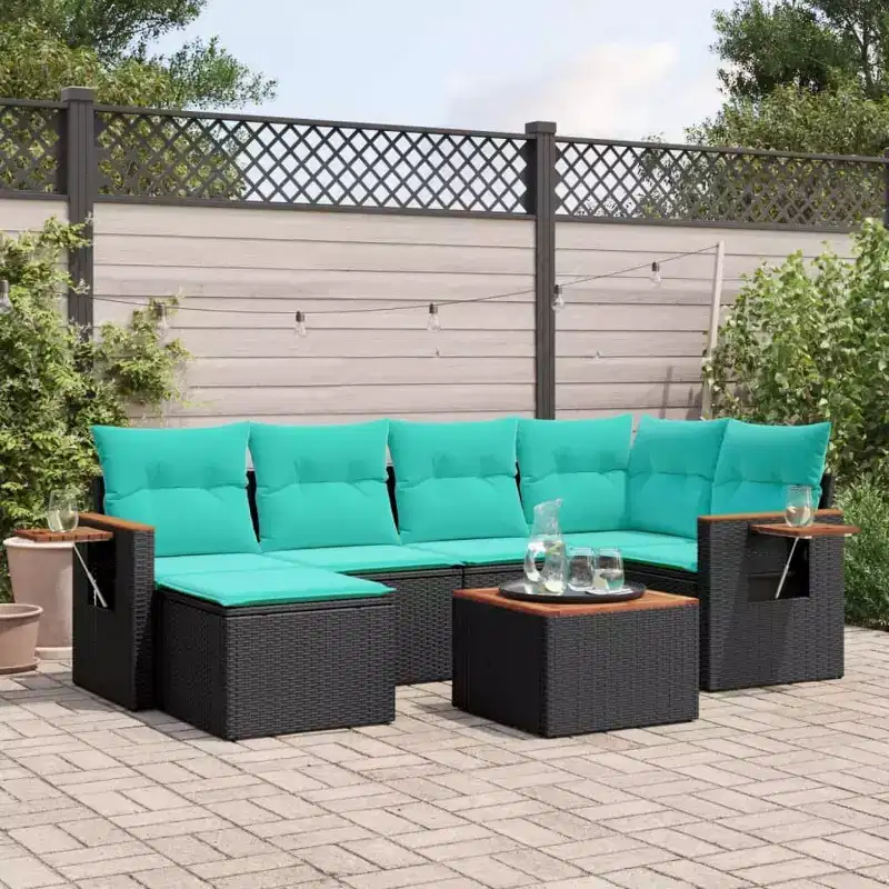 vidaXL 7 Piece Patio Sofa Set with Cushions Black Poly Rattan