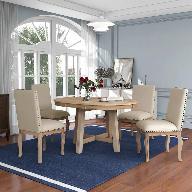5 Piece Dining Table Set, Wooden Round Kitchen Dining Table Set with Extendable Dining Table and 4 Upholstered Dining Chairs
