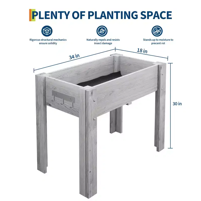Elevated Wood Planter Box with Legs and Hooks, Raised Garden Bed with Non-Woven Liner for Patio