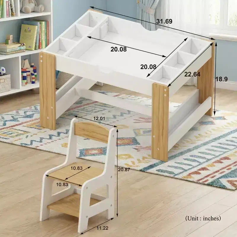 JVNOXK-Kids 2 in1Play Table Chair Set, LEGO-Compatible Drawing Table with7 Storage Compartments, Includes 2 Chairs,Multifunctional Learning Desk-White