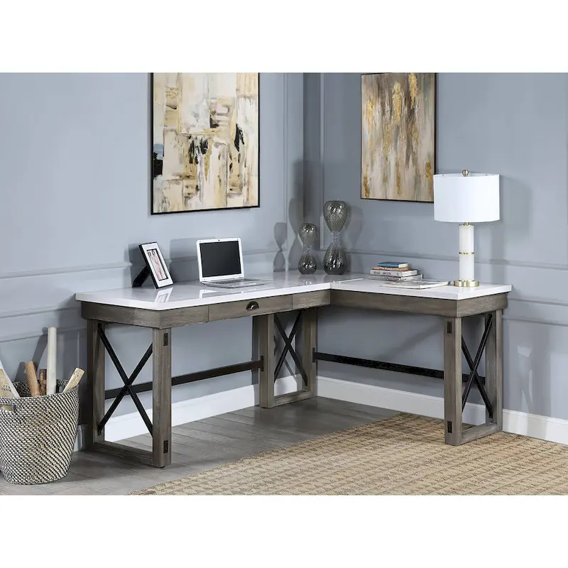 Gray Marble Top L-Shaped Corner Writing Desk with Lift-Top, 1 Person