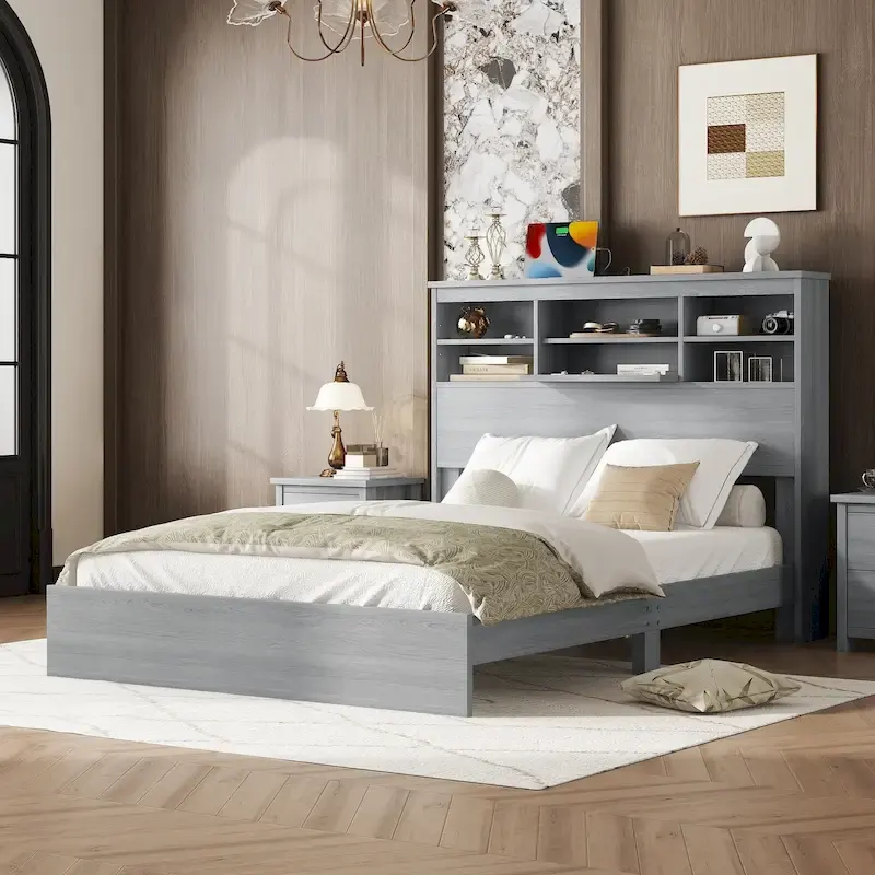 Queen Size Vintage Platform Bed with Storage Headboard Charging Station Gray