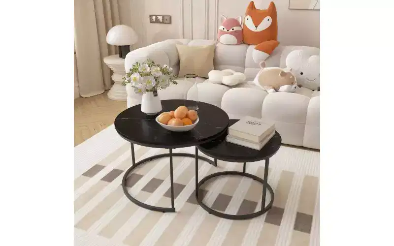 TUYOHW 2-Piece Marbling Nesting Coffee Table Set, Space-Saving Center Table for Living Room, Round Coffee Table Wood Marble Pattern Top