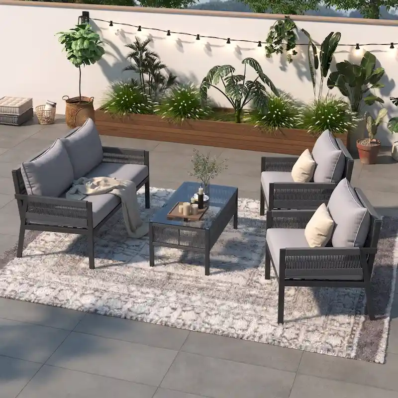 Outdoor Conversation Set:Patio Furniture Ensemble with Tempered Glass Table,4-Piece Rope Design