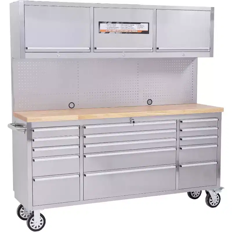 72 inch Tool Chest with Wheels, Garage Workbench, Solid Rubber Wood Top & with Lock Key Locking, Mobile Workstation Tool Cabinet for Workshop Storage