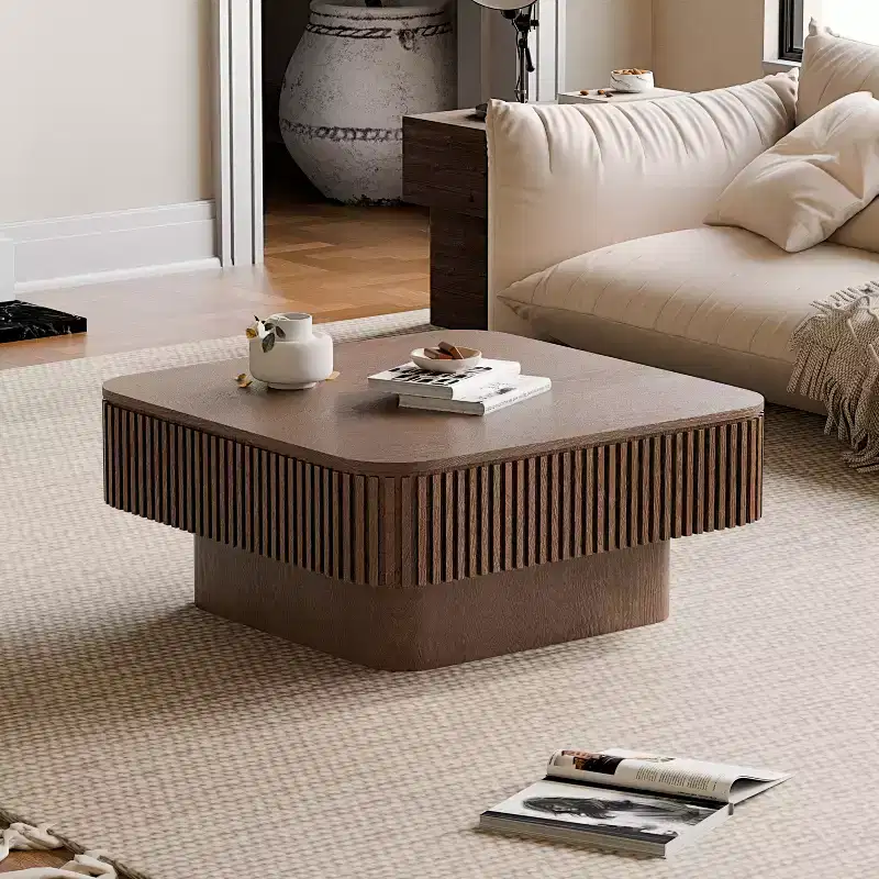 JVNOXK 31.5-inch Square Storage Coffee Table Solid Wood Veneer Modern Style Coffee Table Suitable for Living Rooms and Bedrooms Walnut