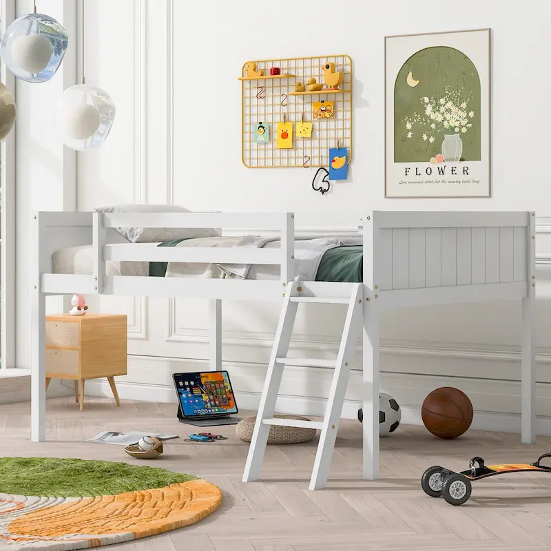 White Full Size Solid Wood Low Loft Bed with Convertible Ladder and Fence
