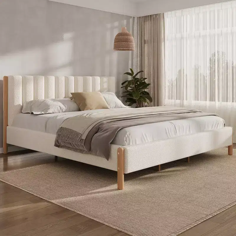 Upholstered Platform Bed Frame with Padded Headboard and Solid Wood Legs
