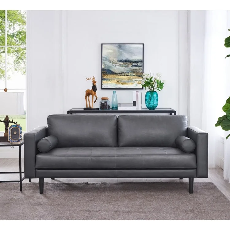 Modern Genuine Leather Sofa with Wooden Legs & Additional Bolster Pillow