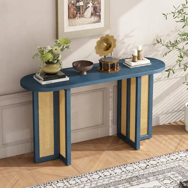 Oval Rattan Leg Console Table with Wood Top, Navy Blue