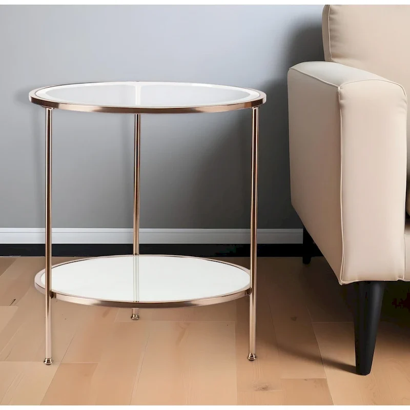 Round Glass Top End Table with Gold Iron Frame and White Shelf