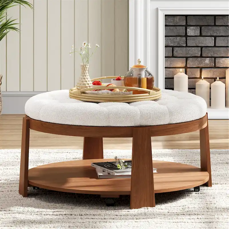 36  Round Button Tufted Upholstered Coffee Table with Wood Shelf and Wheel