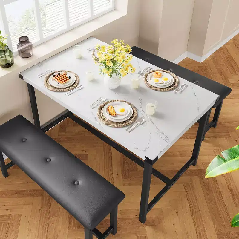 Dining Table Set for 4, Kitchen Table with 2 Upholstered Benches, Rectangular Kitchen Table Set, for Small Space, Apartment, Studio, Marble White