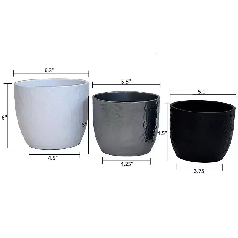 Ceramic Plant Pot 3-Piece Set  Hammered Design Indoor Pots, Matte White, Shiny Silver, Anthracite, Made in Germany, Waterproof, No Drainage Hole
