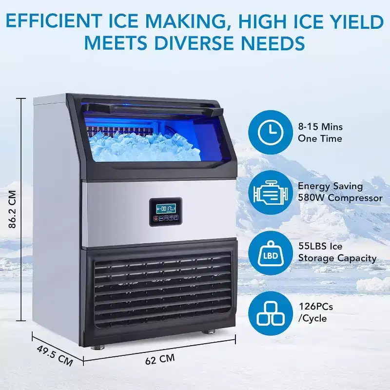 Acekool Commercial Ice Maker Machine - 265Lbs/24H, 55Lbs Storage, Energy Efficient 850W Compressor, LED Control