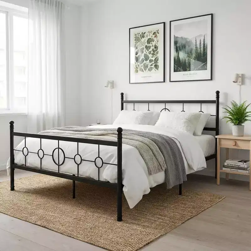 Metal Platform Bed Frame with Vintage Circular Headboard, No Box Spring, Black