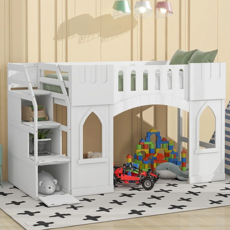Solid Wood Loft Bed with Storage Staircase and Window