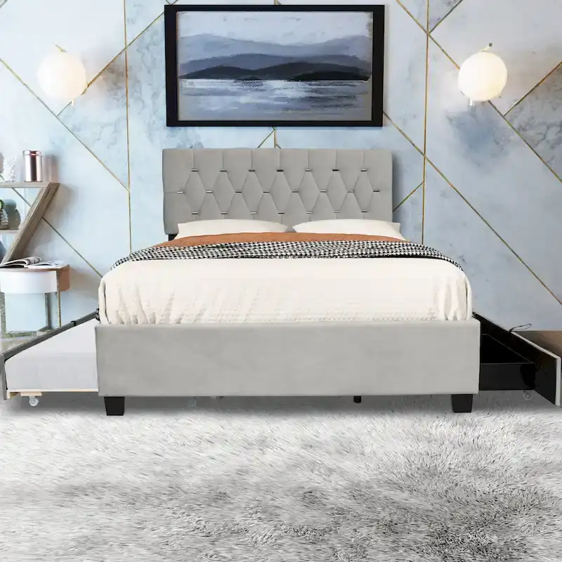 Queen Upholstered Platform Bed, Gold Tufted, Gray/Beige, with Trundle & Storage, 2-Person