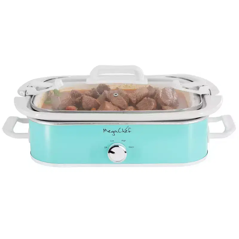 MegaChef 3.5 Quart Casserole Slow Cooker with 3 Temperature Settings: Turquoise Stoneware, Dishwasher-Safe, Locking Lid