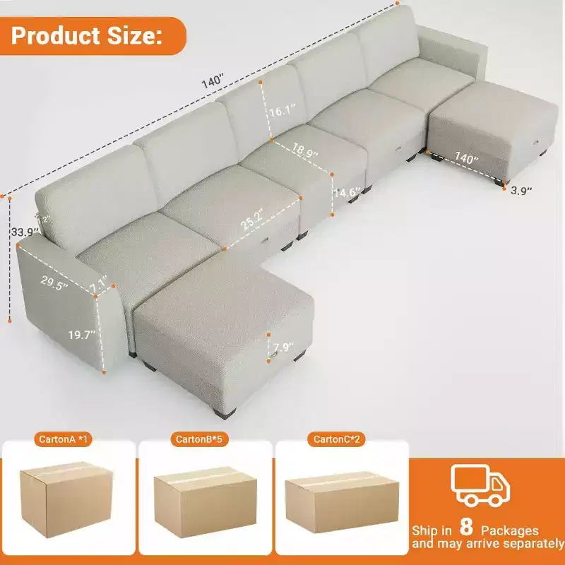 GustoWave 140 Modular Sectional Sofa with Storage Ottomans, U Shaped Convertible Sleeper Sofa, 7-Seat Modern Corduroy L Shaped Couch