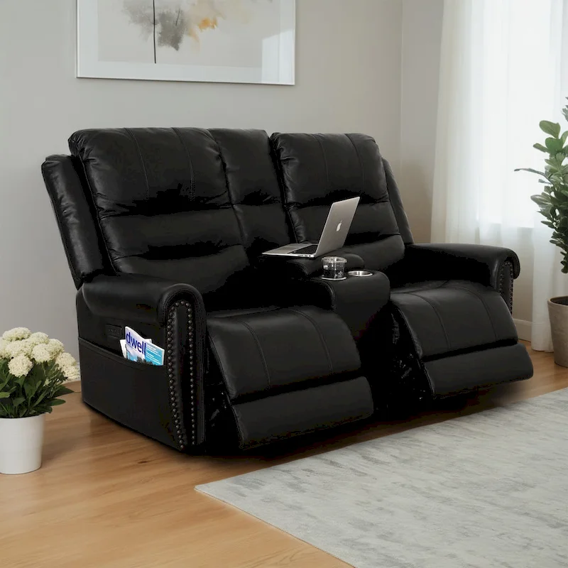 Genuine Leather Black Power Recliner Sofa, Loveseat, Recliner With Adjustable Headrest and Extendable Footrest