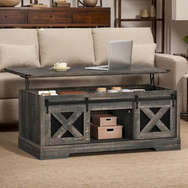 Moasis Lift Top Coffee Table with Hidden Storage and Shelves Farmhouse Sliding Barn Doors