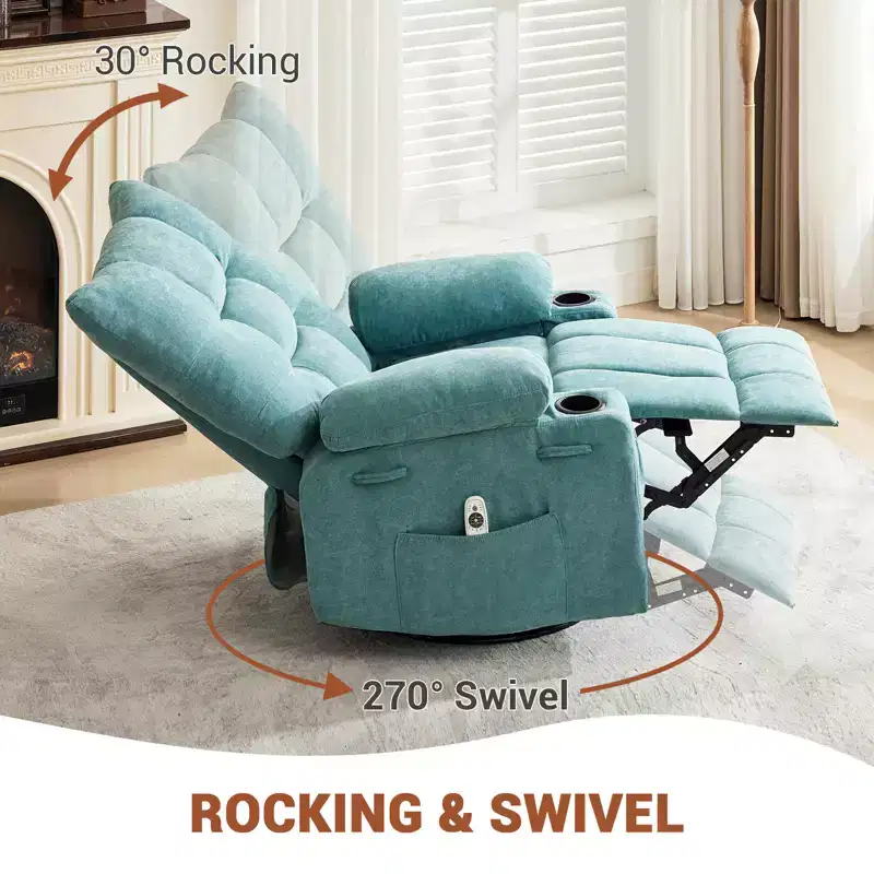 Swivel Rocker Recliner Chair with Heat & Massage - 360 Rocking Lazy Boy Recliner with Cup Holders & Side Pocket - Ergonomic Single Sofa, Blue