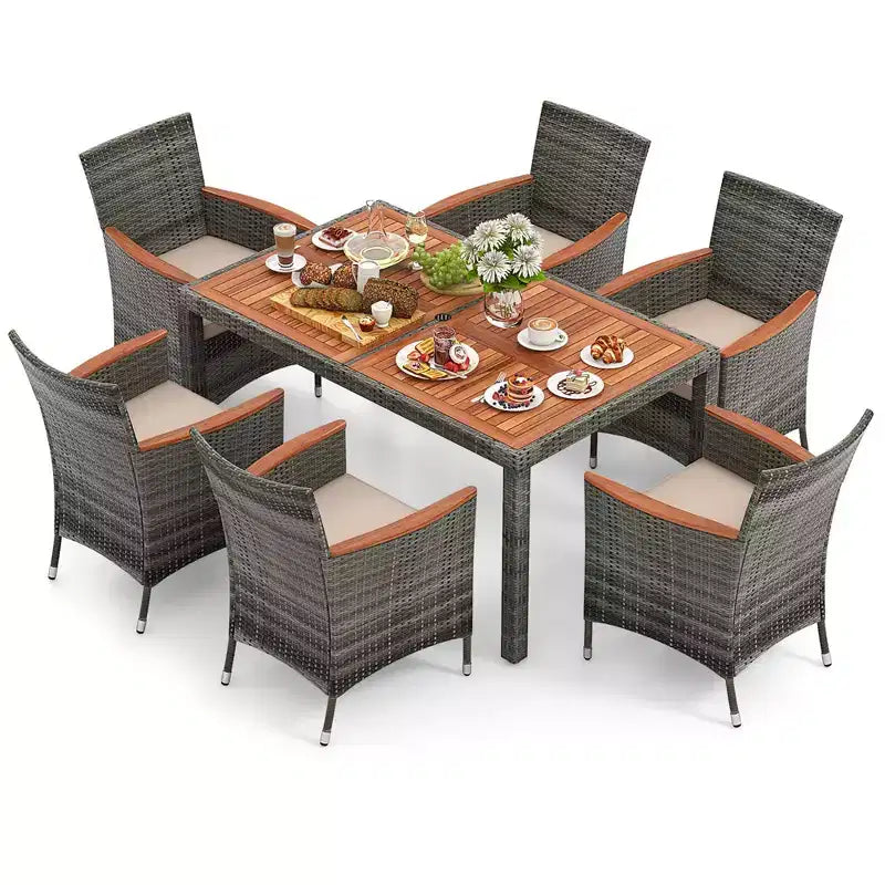 Costway 7 Pieces Outdoor Wicker Dining Set with Acacia Wood Table and 6 Armchairs