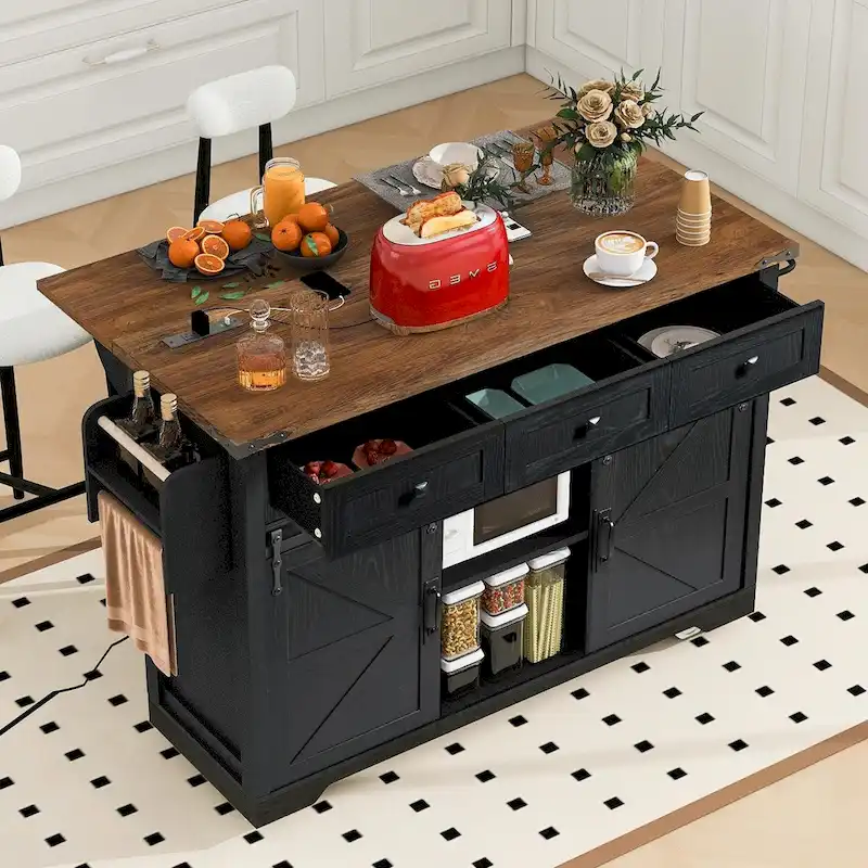 53.5 Farmhouse Kitchen Island with Power Outlet, Drop Leaf, Spice Rack, Drawer, and Wheels