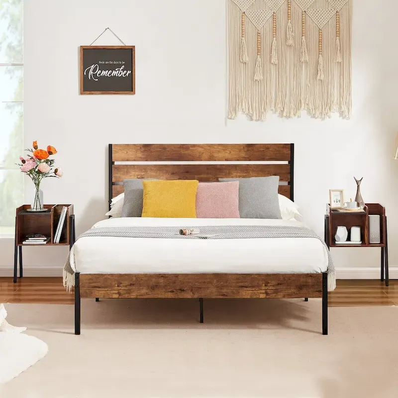 Javlergo 3-Piece Bedroom Sets Industrial metal Platform Bed Frame with Headboard and Set of 2 Nightstand, Rustic Brown