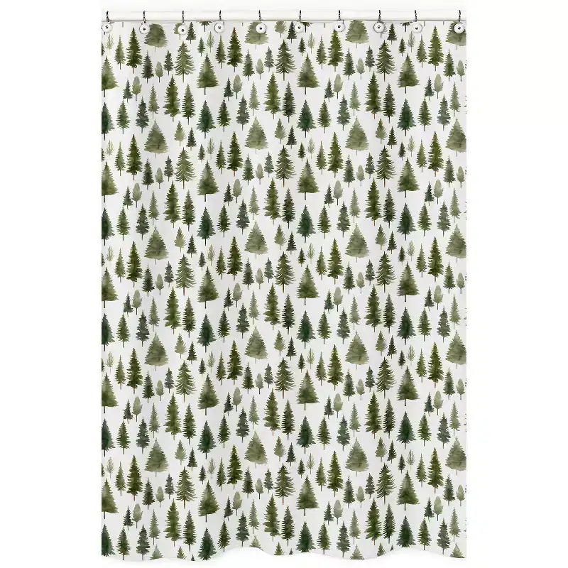 Sweet Jojo Designs Gender Neutral Unisex Shower Curtain 72in.x72in. Woodland Pine Tree Green and White