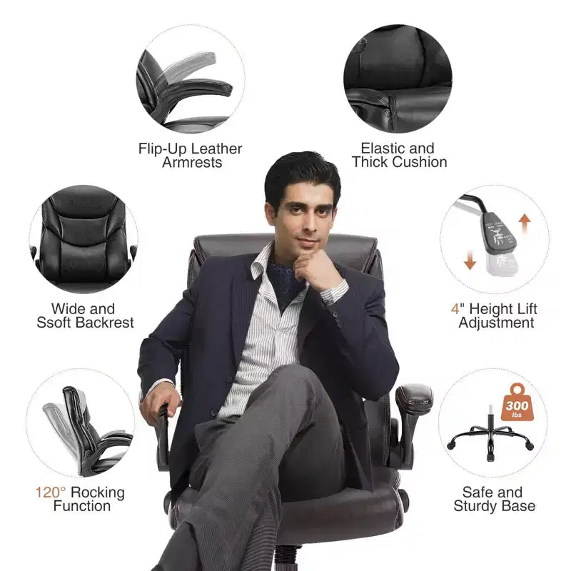 Ergonomic Office Chair with Adjustable Flip-up Armrest, Lumbar Support and Metal Base, Swivel Chair for Home, Office