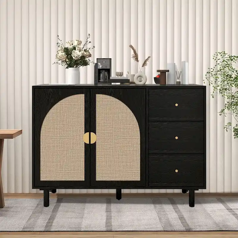 Rattan Sideboard Buffet Cabinet with 2 Doors and 3 Drawers, 44.49L x 15.75W x 31.5H