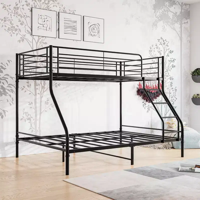 Twin-Over-Full Metal Bunk Bed with Guardrails and Inclined Ladder
