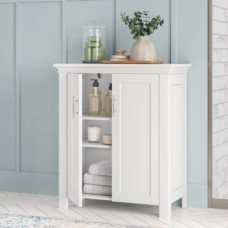 White Bathroom Floor Cabinet with 3 Shelves