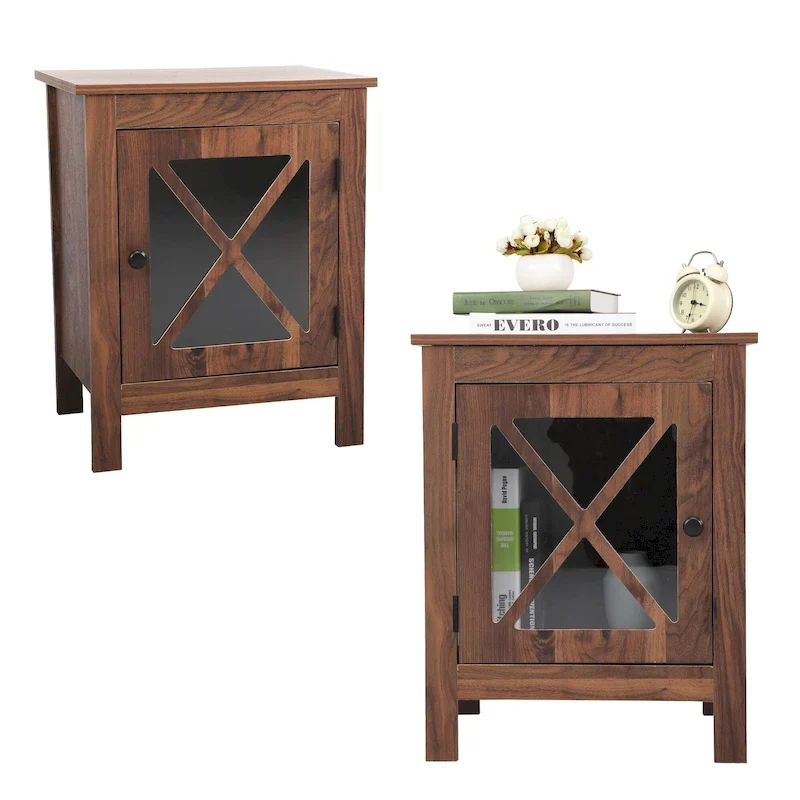 Set of 2 Industrial Nightstands with Glass Door - Brown / White / Natural / Grey