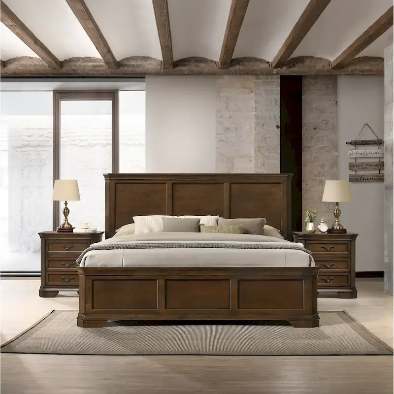 Roundhill Furniture Maderne 3-Piece Wood Bedroom Set, Panel Bed and Two Nightstands, Antique Walnut Finish