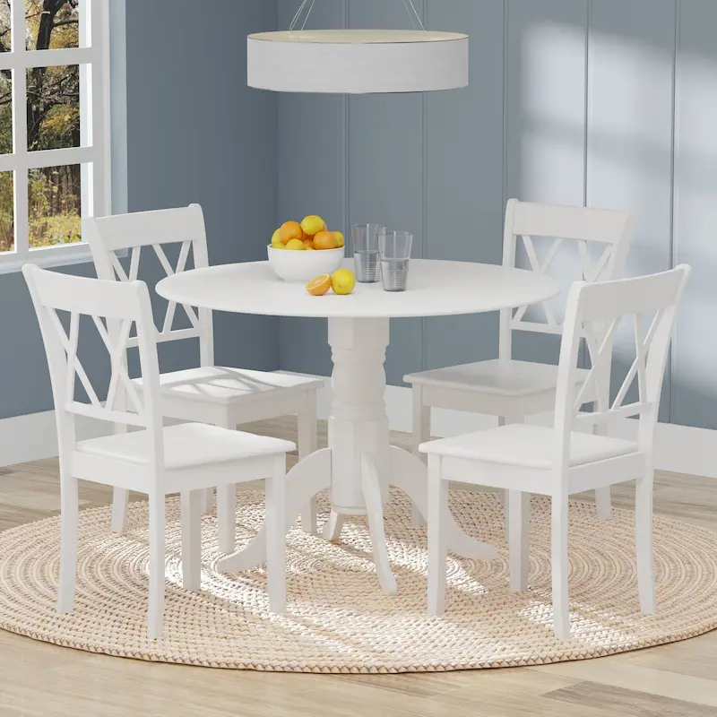 5-Piece Dining Set, 42 Round Drop-Leaf Table and Double X-Back Chairs