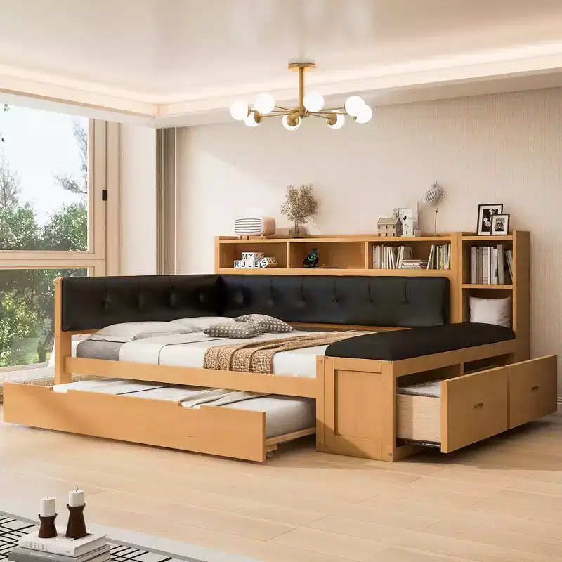Full Size Wood Daybed with Trundle, Storage Shelves, Bench & Upholstered Headboard