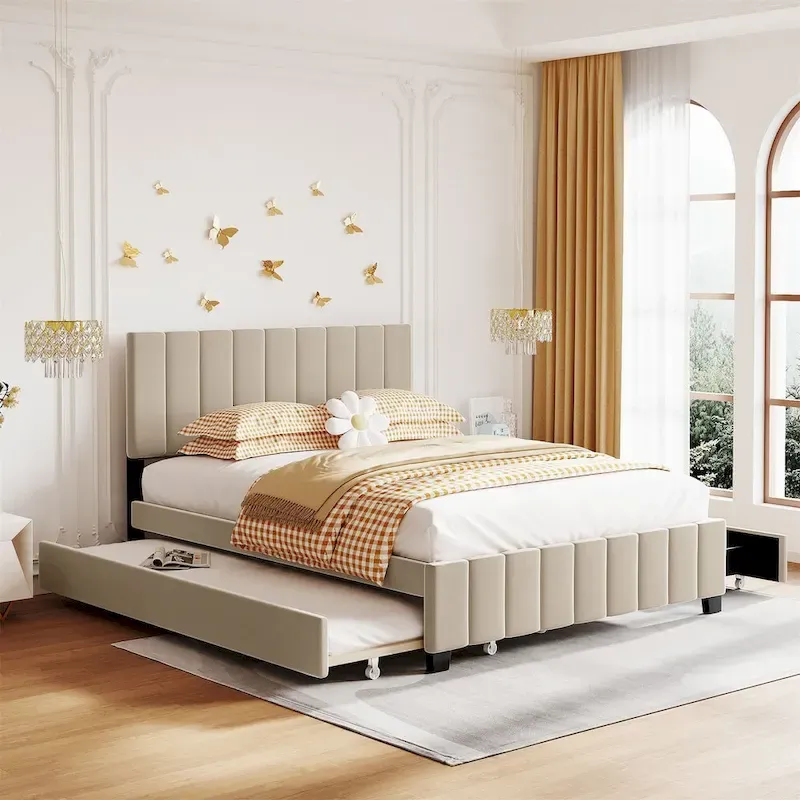 Queen Size Velvet Upholstered Platform Bed with 2 Drawers and Twin XL Trundle