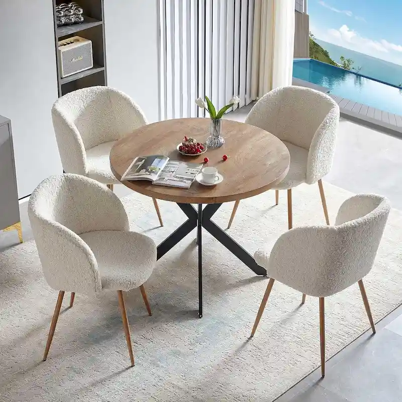 Howtai Round Dining Table Set with Fluffy Sherpa Arm Chairs Space Saving