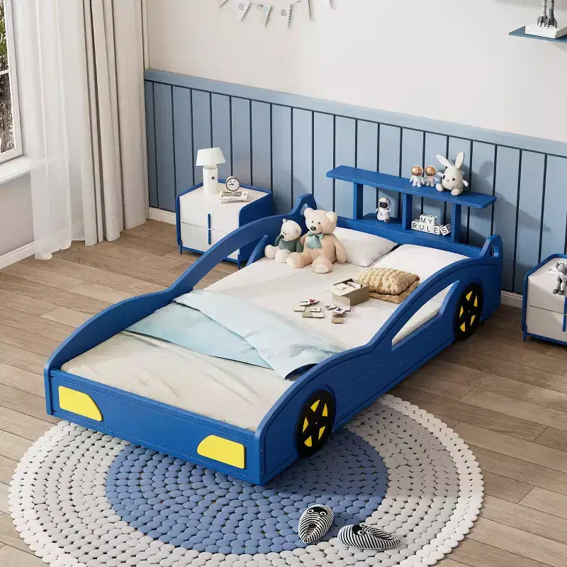 Wooden Race Car Bed, Twin Size Cute Car Shaped Platform Bed with Wheels for Boys and Girls