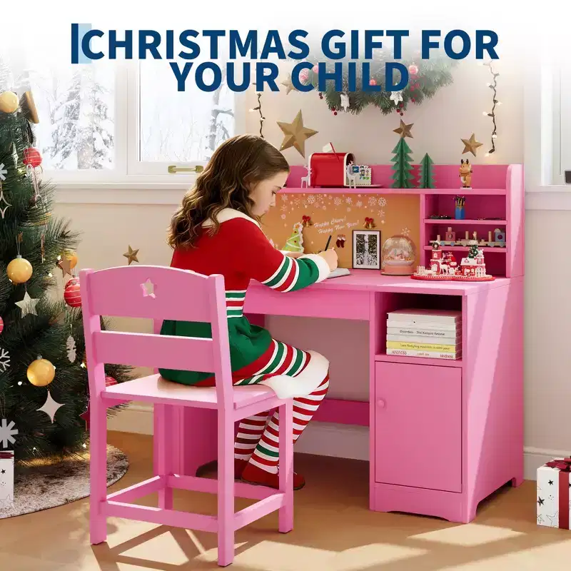 Kids Study Desk and Chair Set, with Hutch and Tiltable Desktop, Children Study Table, Student Writing Desk, for Bedroom, Home