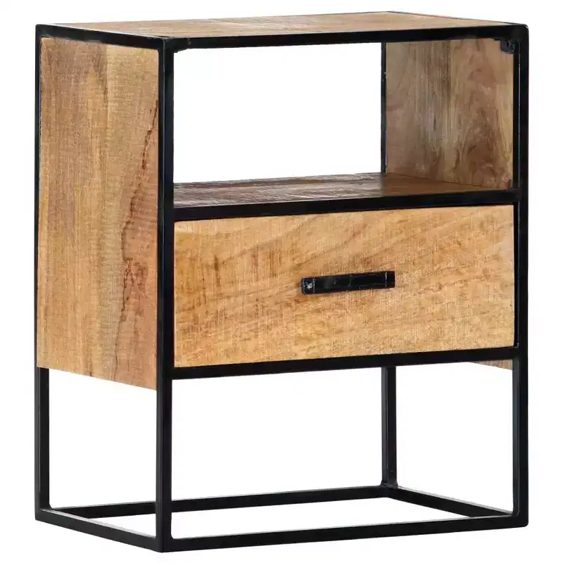 vidaXL Nightstand 15.7x11.8x19.6 - Industrial Styled Accent Bedside Table with Solid Mango Wood Construction and Powder-Coated Steel Legs