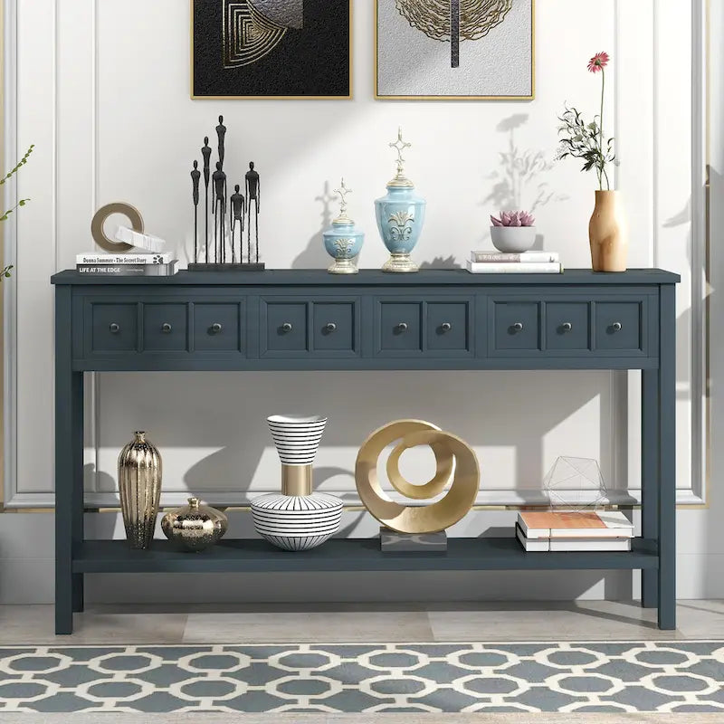 Rustic Entryway Console Table, 60 Long Sofa Table with two Different Size Drawers and Bottom Shelf for Storage