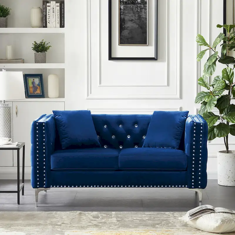 Square Arm Velvet Loveseat with Jeweled buttons and 2 Pillows