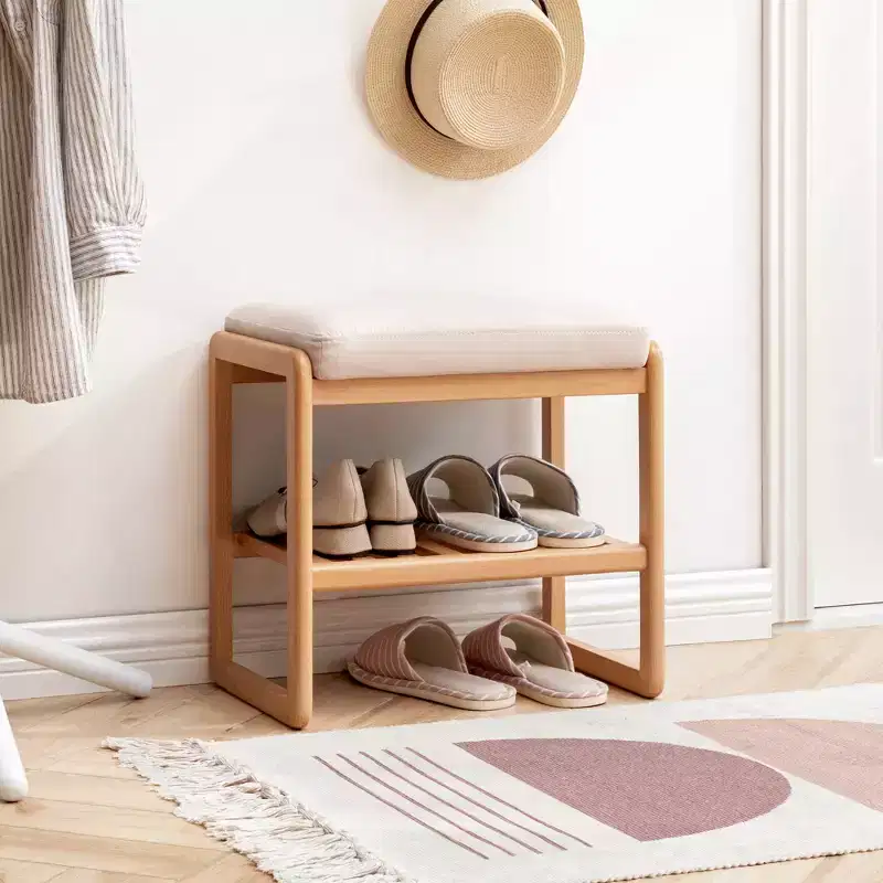 Beech Wood Slatted Shoe Rack Bench with Cushioned Seat, Natural Walnut