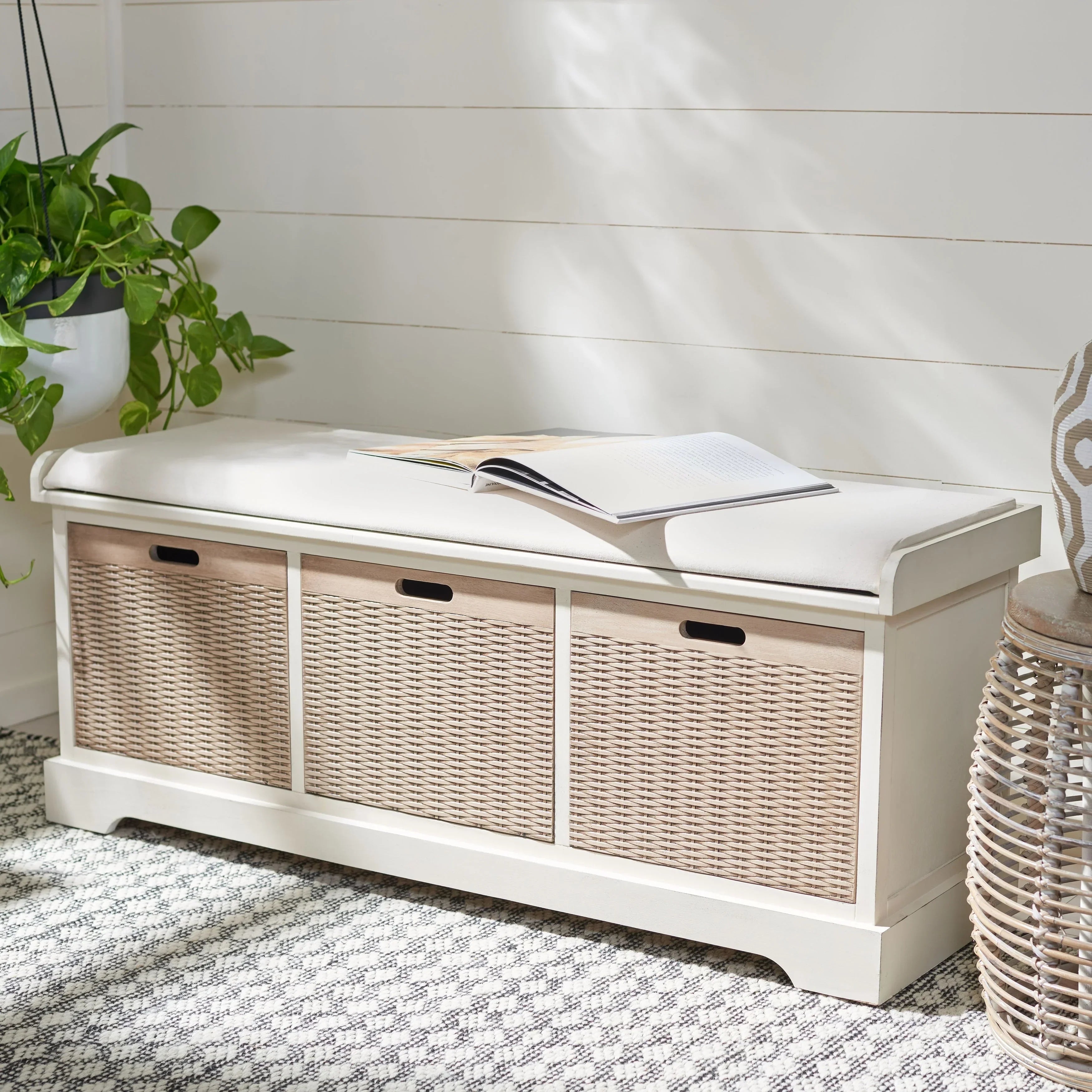 SAFAVIEH Fiorello 3-Drawer with Cushion Storage Bench - 47.3 W x 15 L x 19 H - 47Wx15Dx19H
