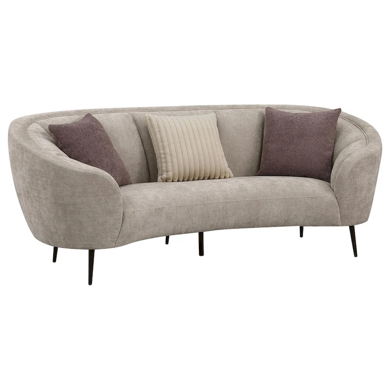 Zui Curved Sofa, 92 Inch, Beige Fabric, Round Design, 3 Accent Pillows
