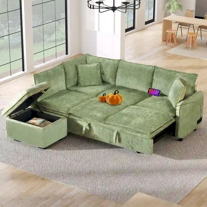 Roomfitters Convertible Sofa Bed Sectional Sleeper with Storage Ottoman, Two Pillows, USB Ports, and Power Sockets